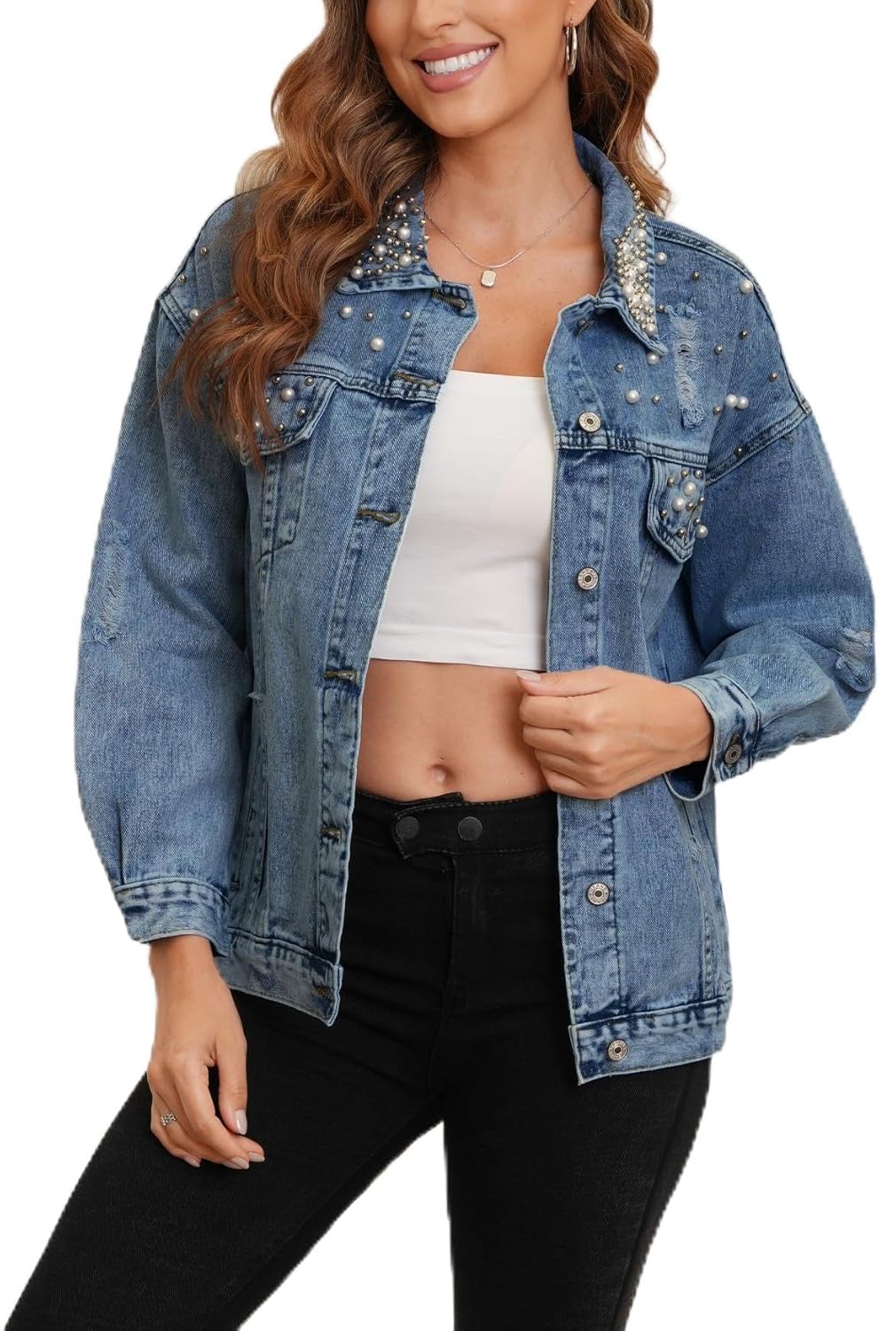 Kedera Pearl Beaded Denim Jacket for Women Button Down Oversized Jean Jacket Distressed Long Sleeves Cropped Casual Coat