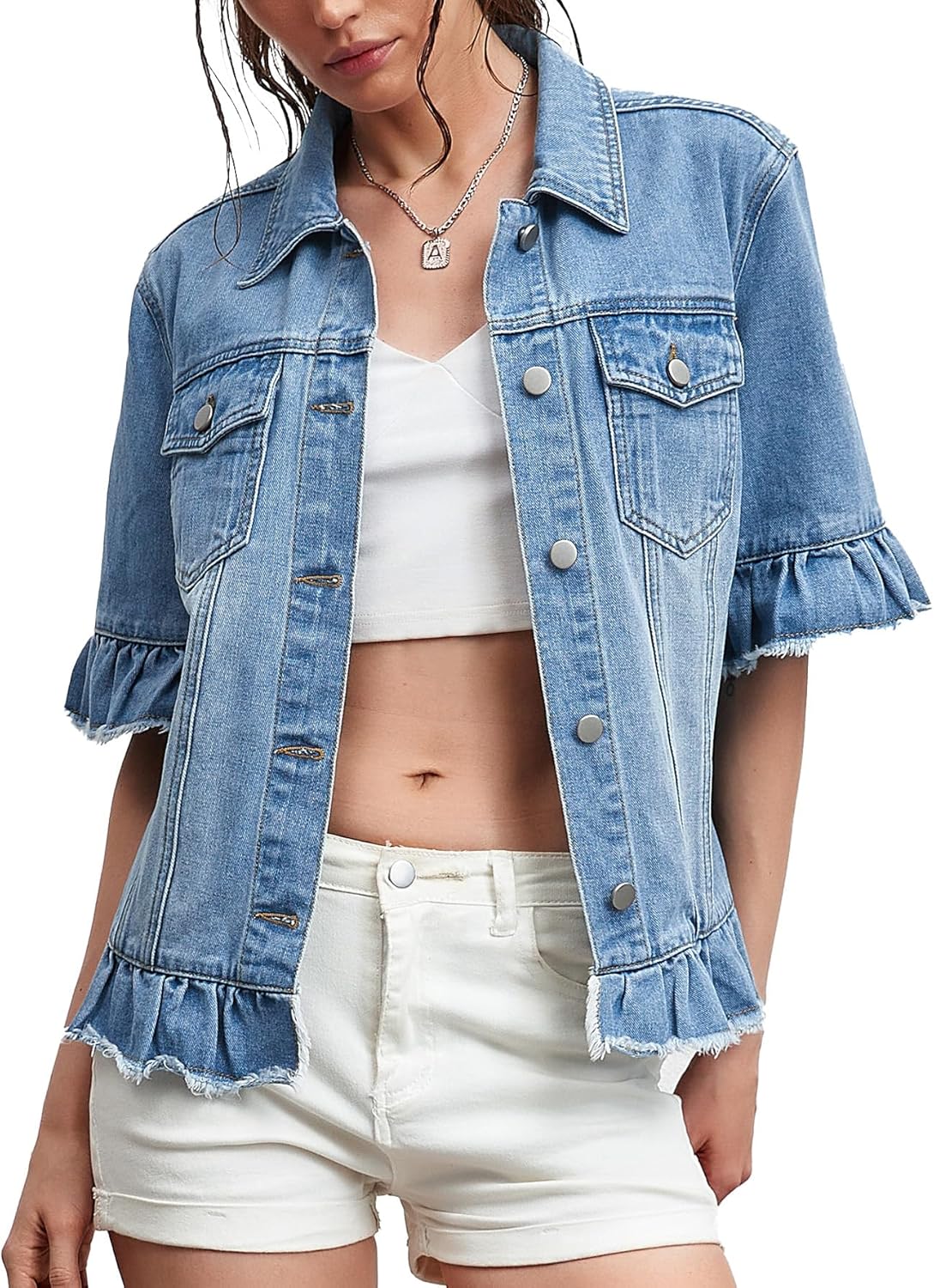 Kedera Short Sleeve Denim Jacket for Women Lightweight Blue Jean Jackets Ruffle Sleeve Denim Shirt Summer Top