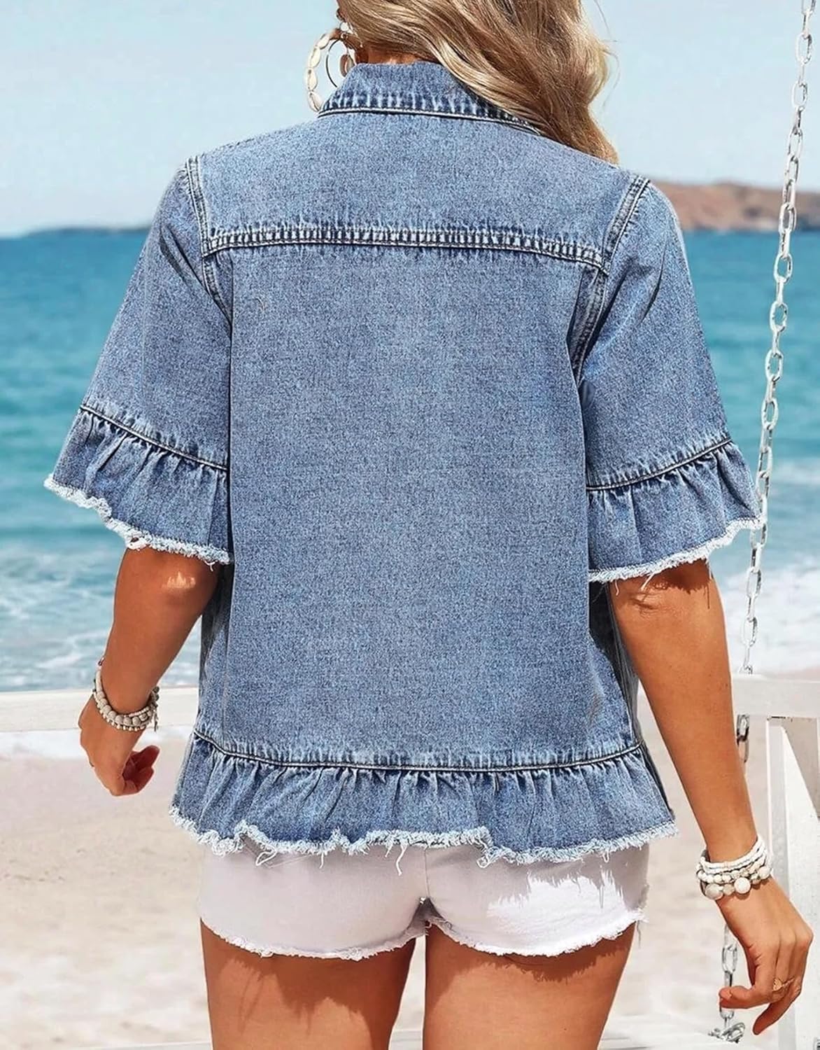 Kedera Short Sleeve Denim Jacket for Women Lightweight Blue Jean Jackets Ruffle Sleeve Denim Shirt Summer Top