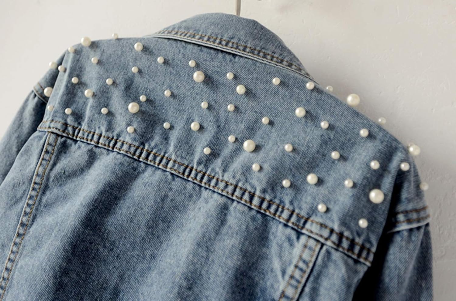 Kedera Women Oversized Denim Jacket Embroidered Pearls Beading Jeans Coat