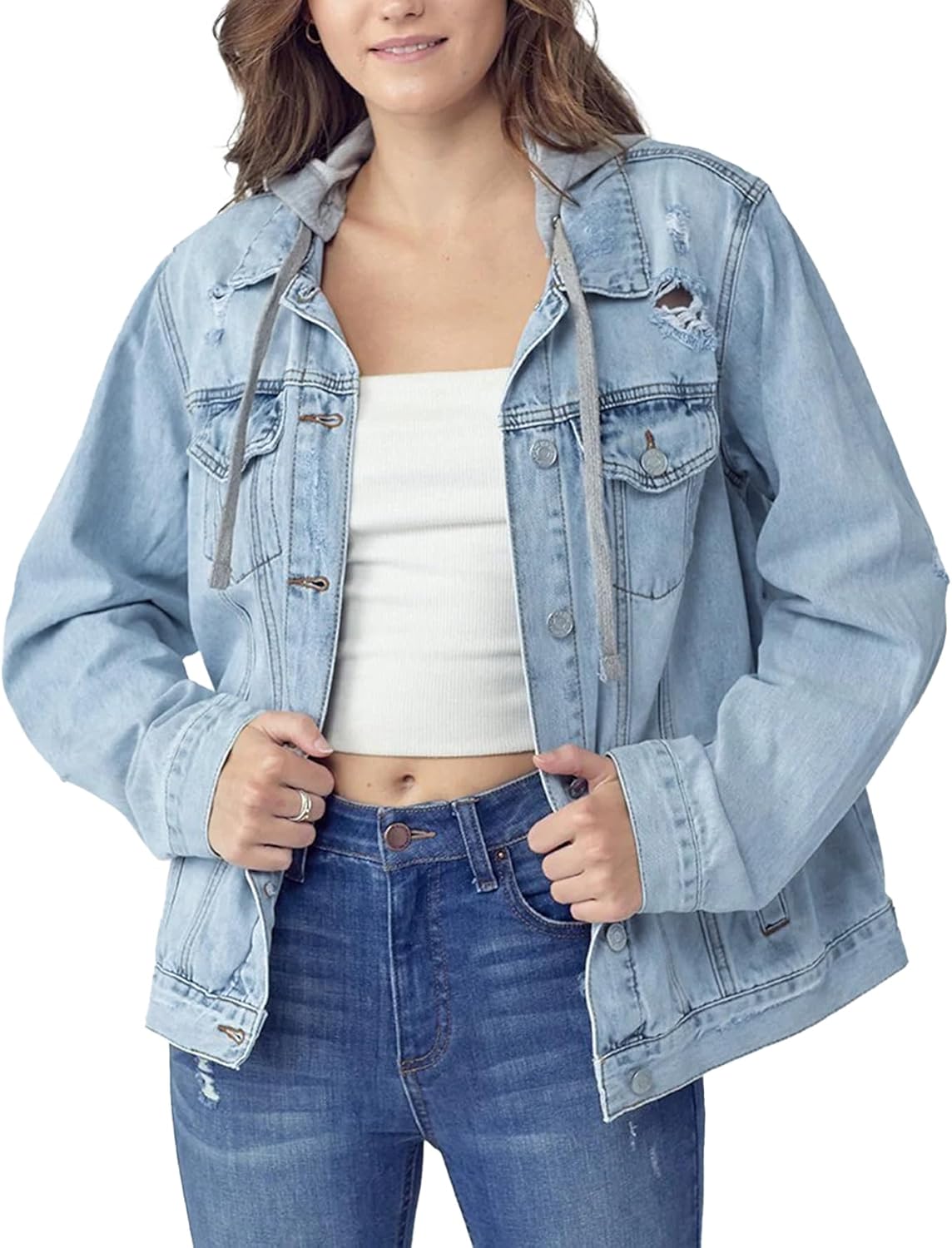 Kedera Womens Casual Denim Jacket Long Sleeve Distressed Ripped Jean Coat Trendy Top with Detachable Hood