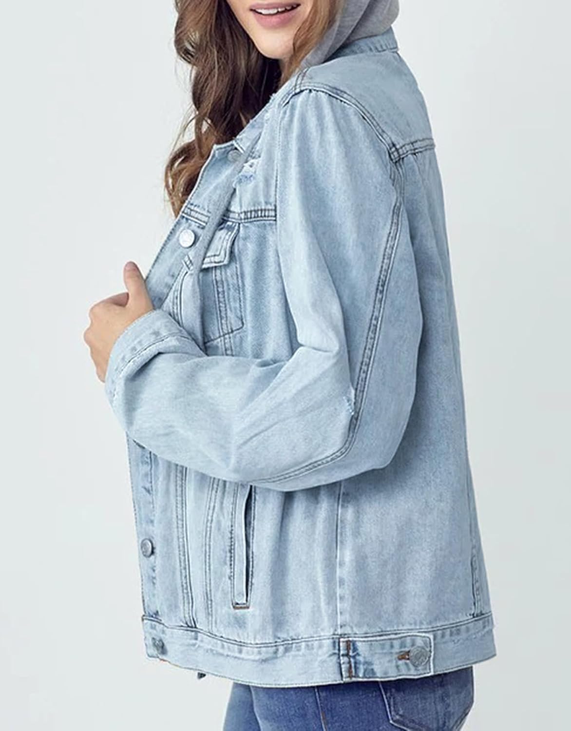 Kedera Womens Casual Denim Jacket Long Sleeve Distressed Ripped Jean Coat Trendy Top with Detachable Hood