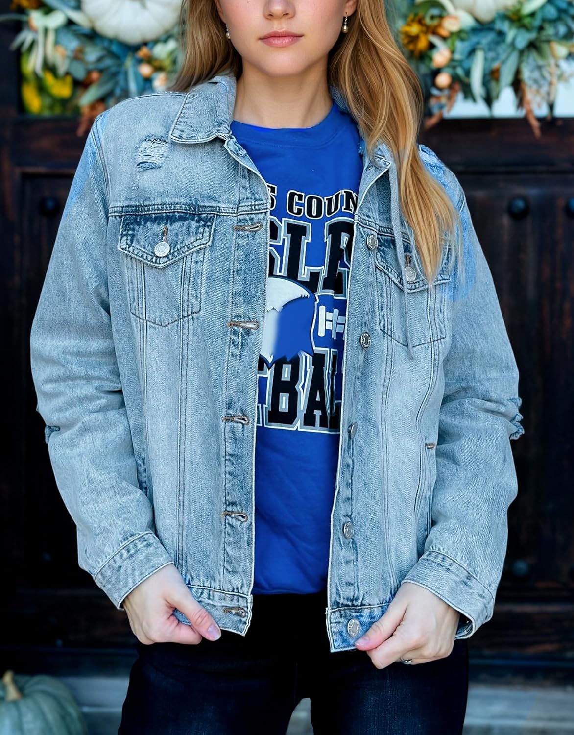 Kedera Womens Casual Denim Jacket Long Sleeve Distressed Ripped Jean Coat Trendy Top with Detachable Hood