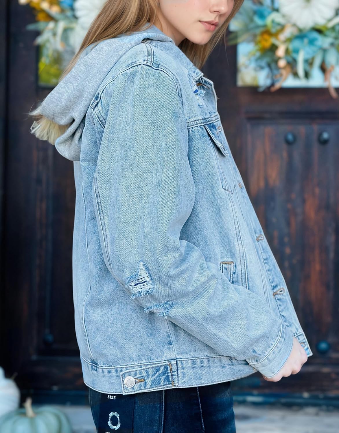 Kedera Womens Casual Denim Jacket Long Sleeve Distressed Ripped Jean Coat Trendy Top with Detachable Hood