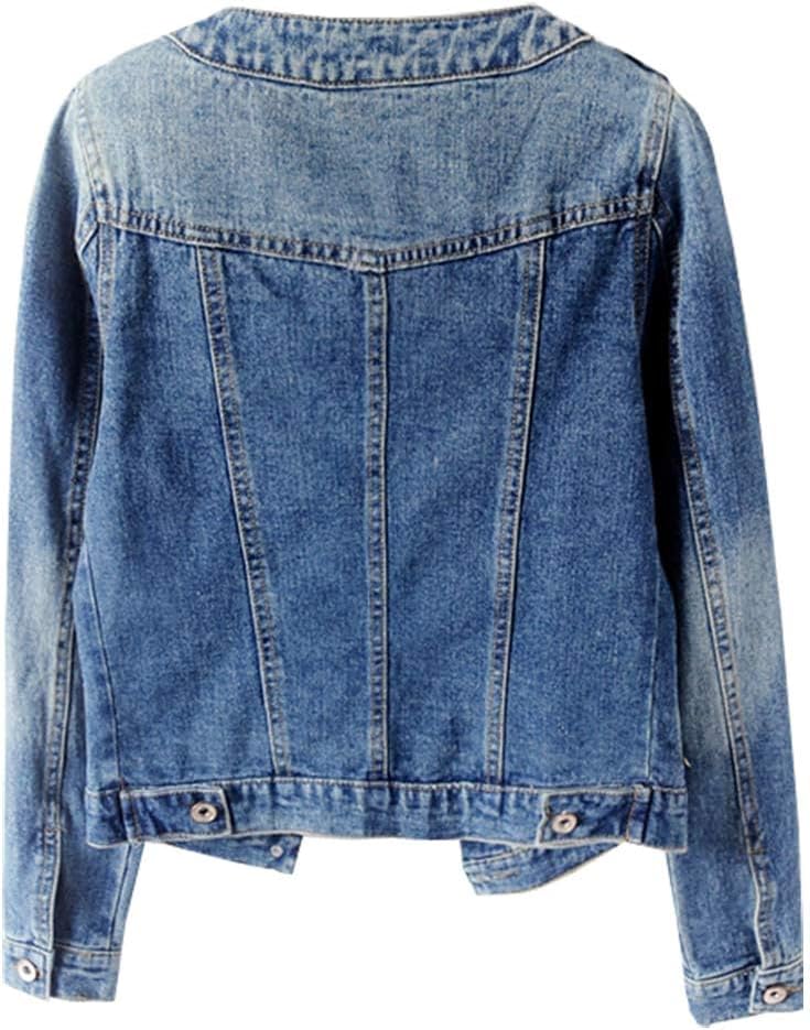 Kedera Women’s Denim Jacket Button Down Collarless Long Sleeve Washed Cute Jean Jackets