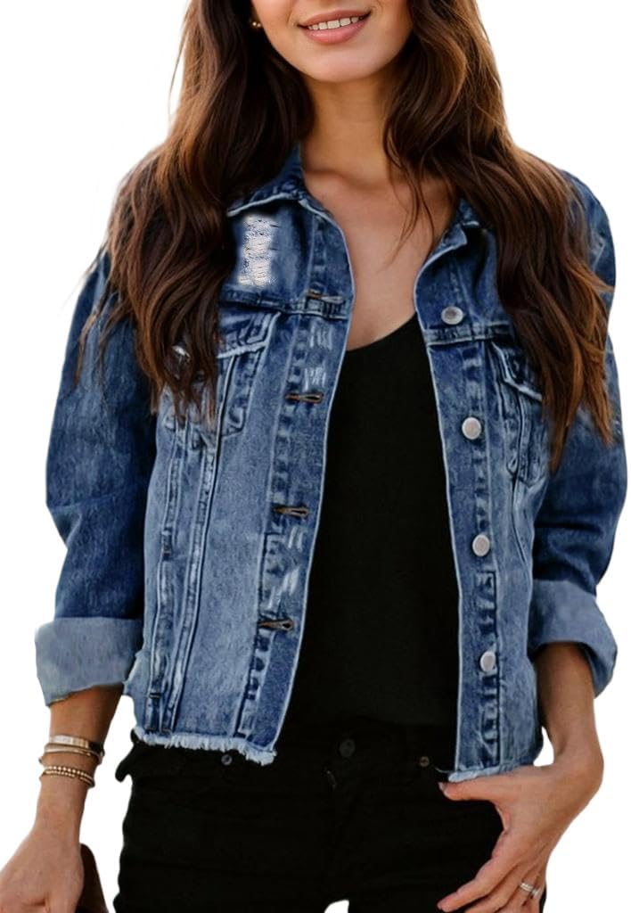 Kedera Womens Denim Jacket Distressed Frayed Ripped Jean Jacket Casual Button Down Light Jackets with Pockets