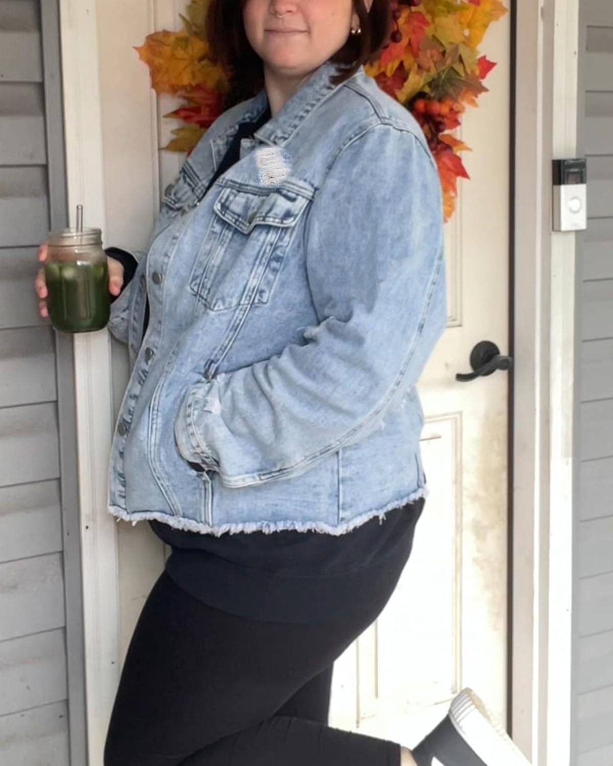 Kedera Womens Denim Jacket Distressed Frayed Ripped Jean Jacket Casual Button Down Light Jackets with Pockets