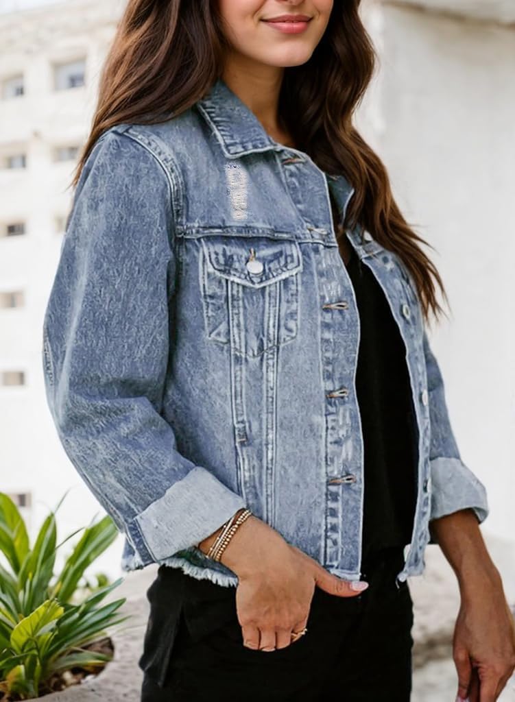 Kedera Womens Denim Jacket Distressed Frayed Ripped Jean Jacket Casual Button Down Light Jackets with Pockets