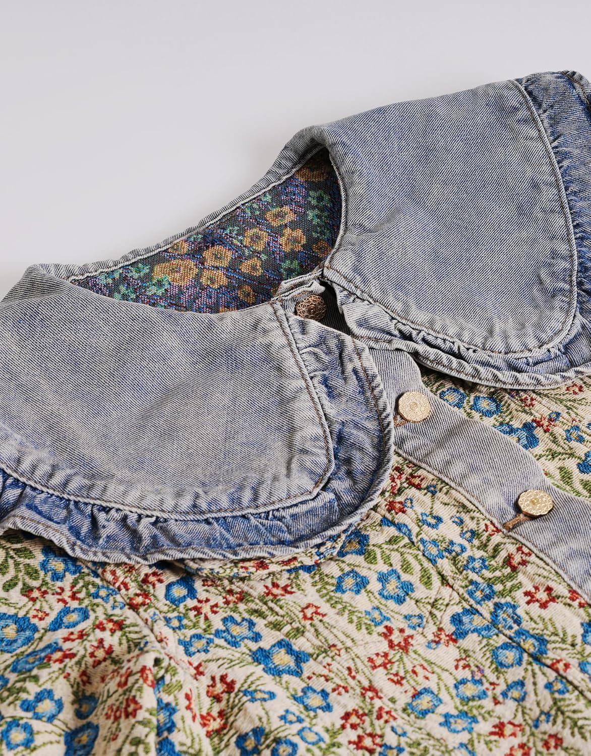 Kedera Women’s Jacquard Denim Jacket Long Sleeve Peter Pan Collar Floral Crop Jean Jackets Button Down Denim Shacket