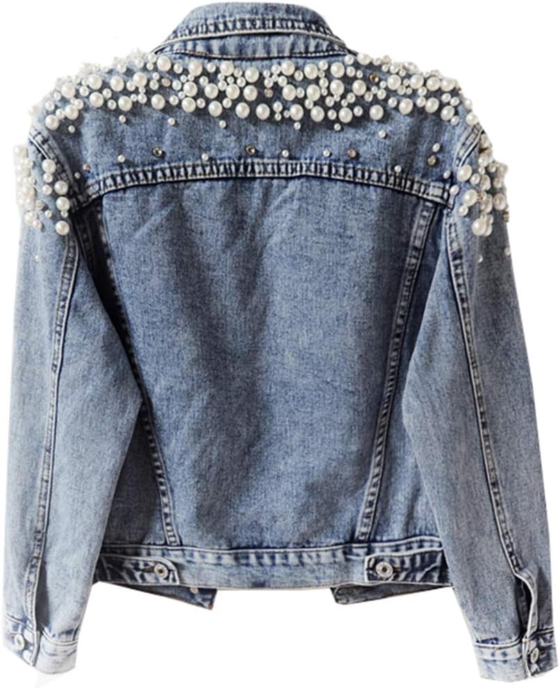 Kedera Women’s Jean Jacket Embroidered Rivet Pearl Short Denim Jacket Coat