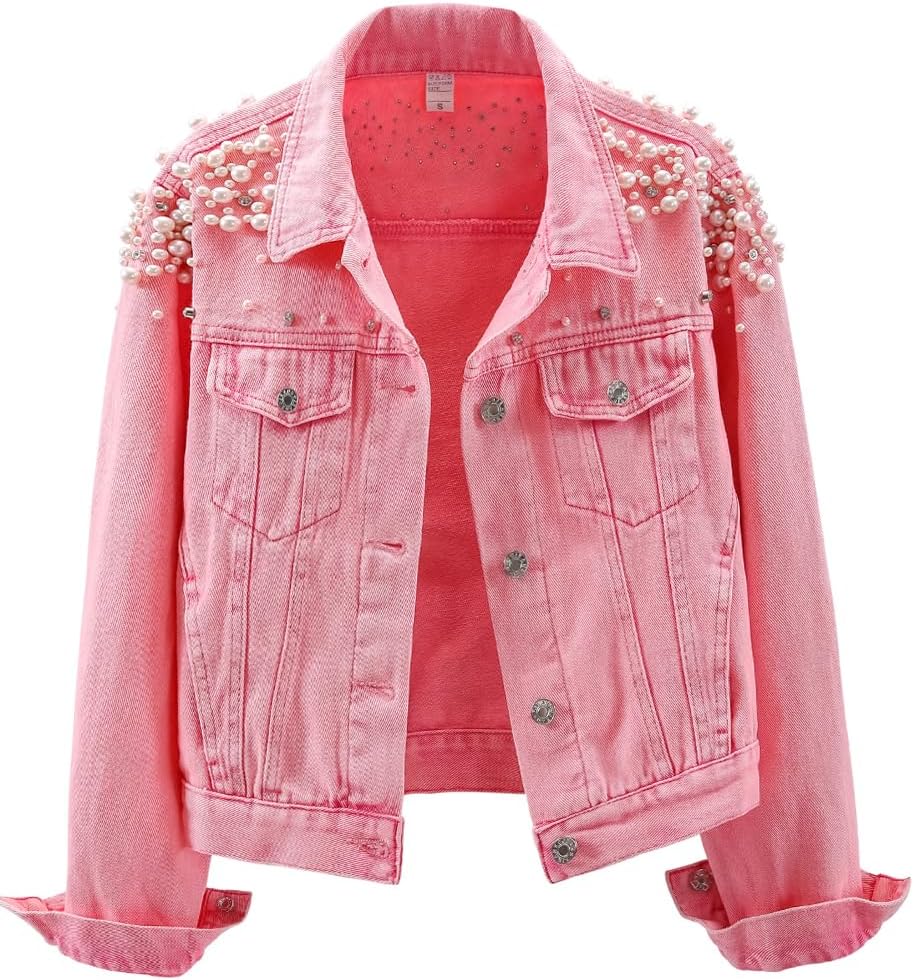 Kedera Women’s Jean Jacket Embroidered Rivet Pearl Short Denim Jacket Coat