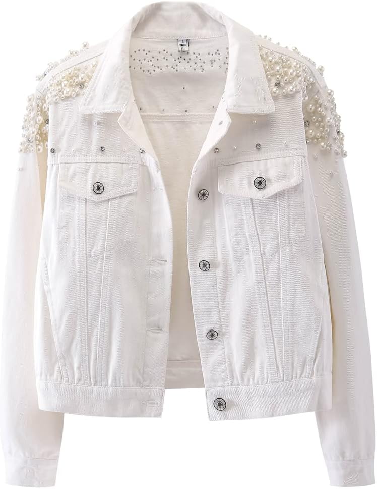 Kedera Women’s Jean Jacket Embroidered Rivet Pearl Short Denim Jacket Coat