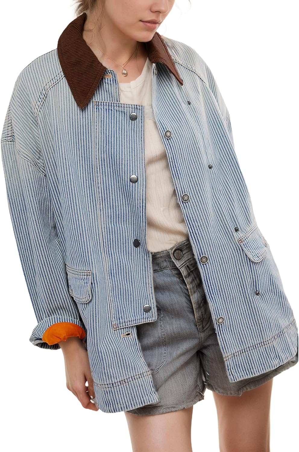 Striped denim jacket with corduroy collar, casual streetwear style.