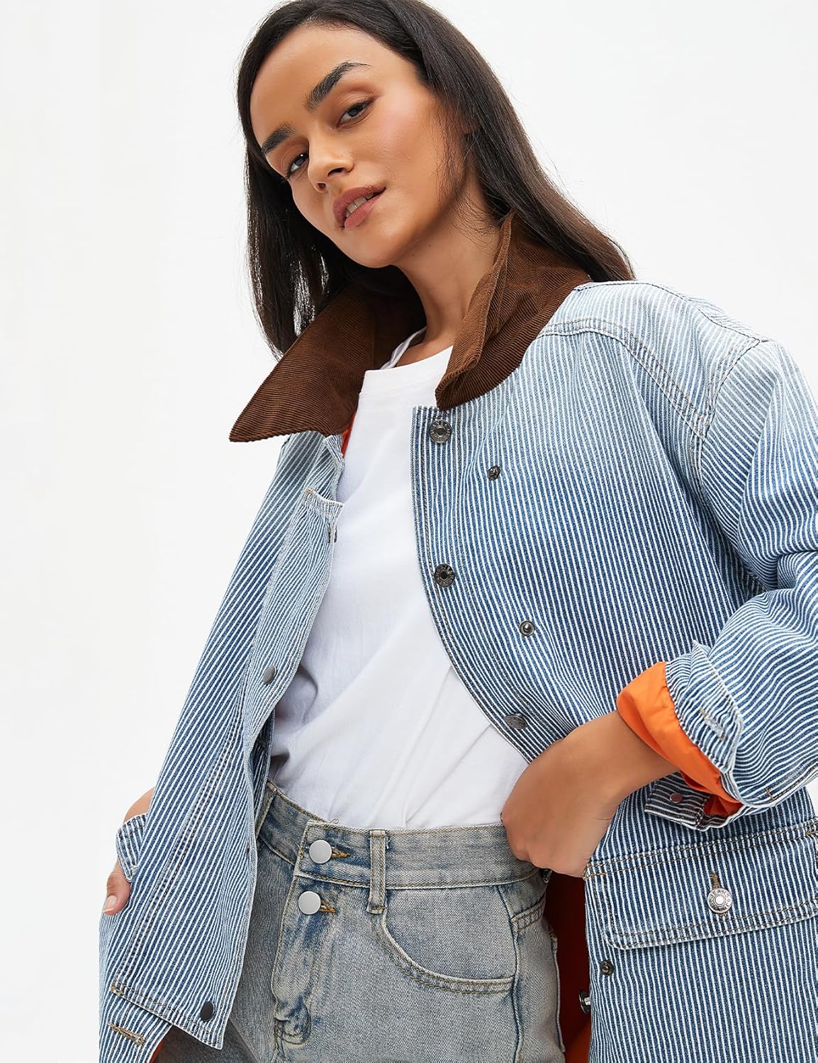 Kedera Women’s Jean Jacket Oversized Striped Denim Jacket Long Sleeve Button Down Fashion Fall Shacket Barn Coat 2024