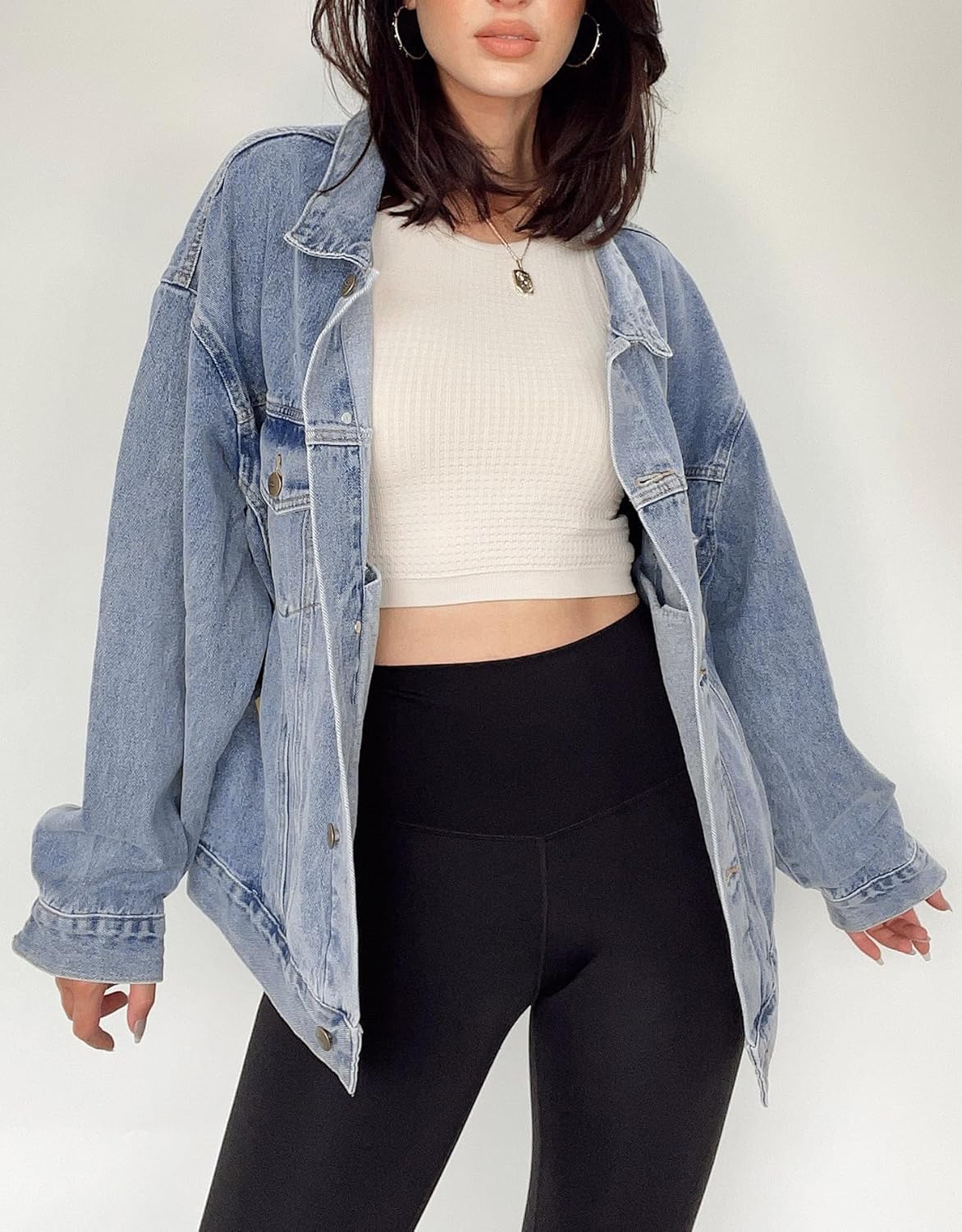 Kedera Women’s Oversized Jean Jacket Long Blue Denim Jacket Long Sleeve Button Down Trucker Jacket Shacket Fall Coats