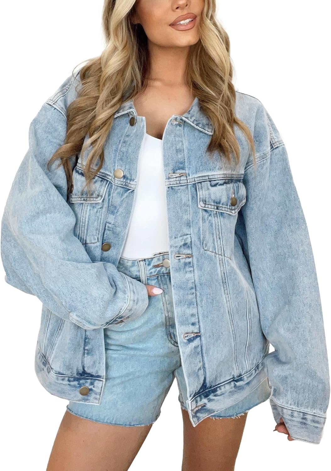 Kedera Women’s Oversized Jean Jacket Long Blue Denim Jacket Long Sleeve Button Down Trucker Jacket Shacket Fall Coats