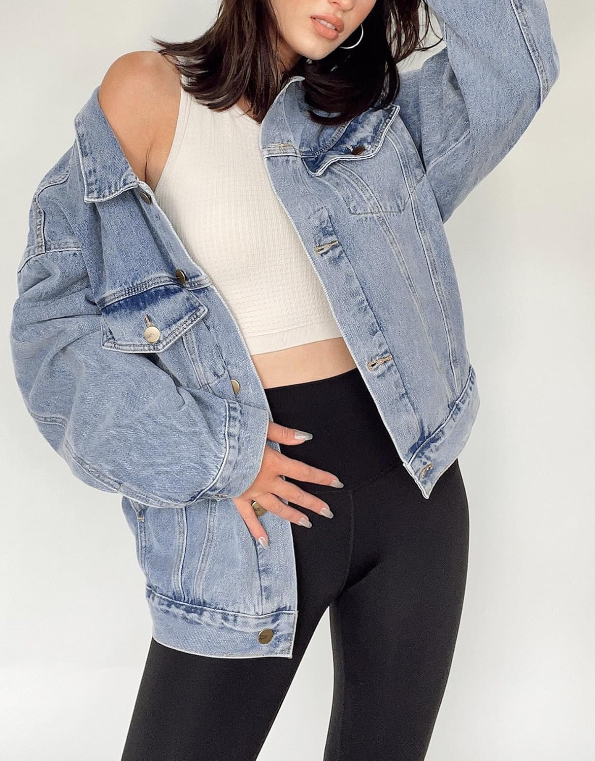 Kedera Women’s Oversized Jean Jacket Long Blue Denim Jacket Long Sleeve Button Down Trucker Jacket Shacket Fall Coats