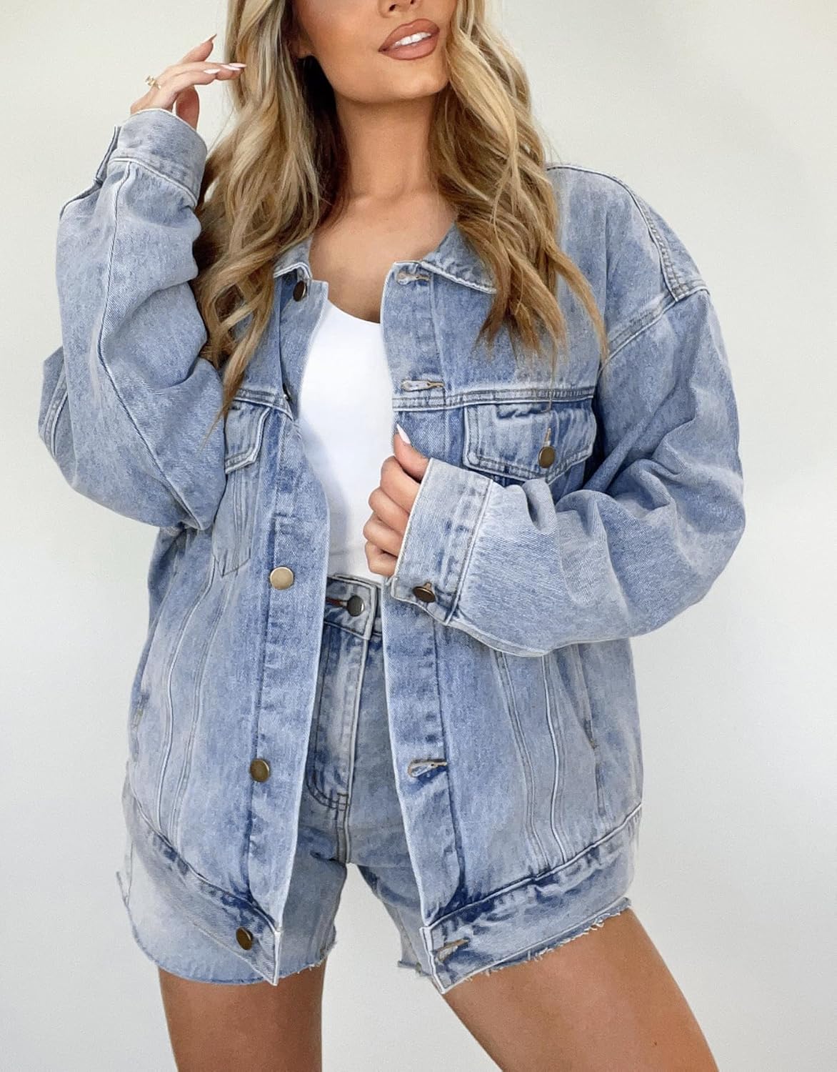 Kedera Women’s Oversized Jean Jacket Long Blue Denim Jacket Long Sleeve Button Down Trucker Jacket Shacket Fall Coats
