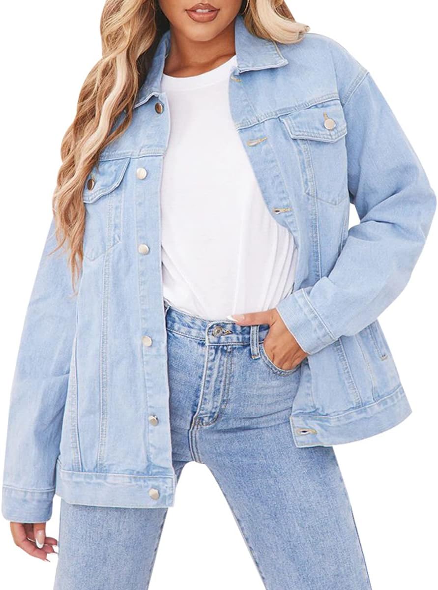 LaiyiVic Denim Jacket for Women Long Sleeve Classic Distressed Trucker Jean Jackets