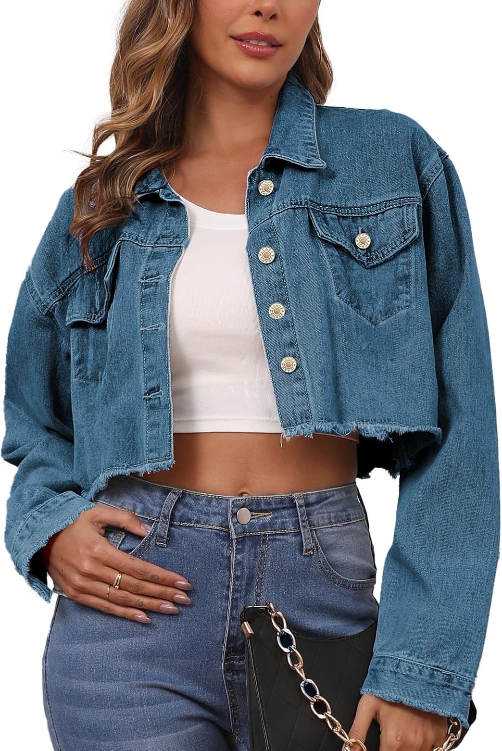 LaiyiVic Denim Jacket for Women Long Sleeve Classic Distressed Trucker Jean Jackets