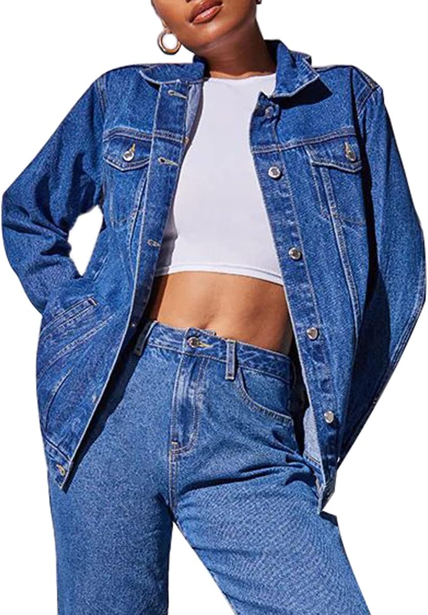 LaiyiVic Denim Jacket for Women Long Sleeve Classic Distressed Trucker Jean Jackets