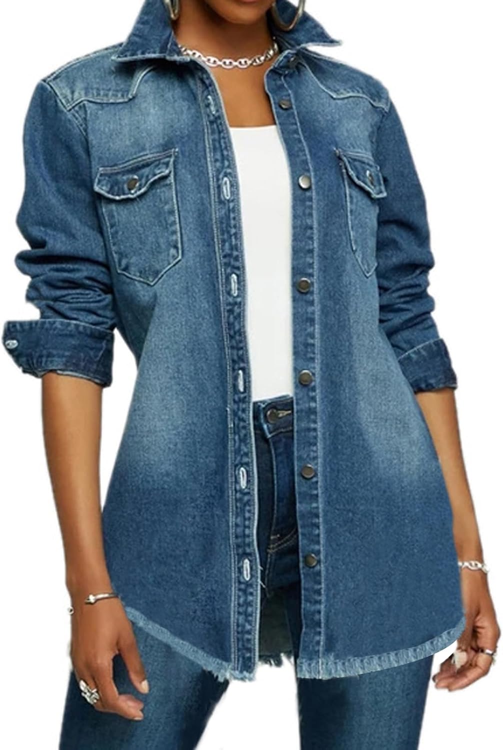 LaiyiVic Denim Jacket for Women Long Sleeve Classic Distressed Trucker Jean Jackets