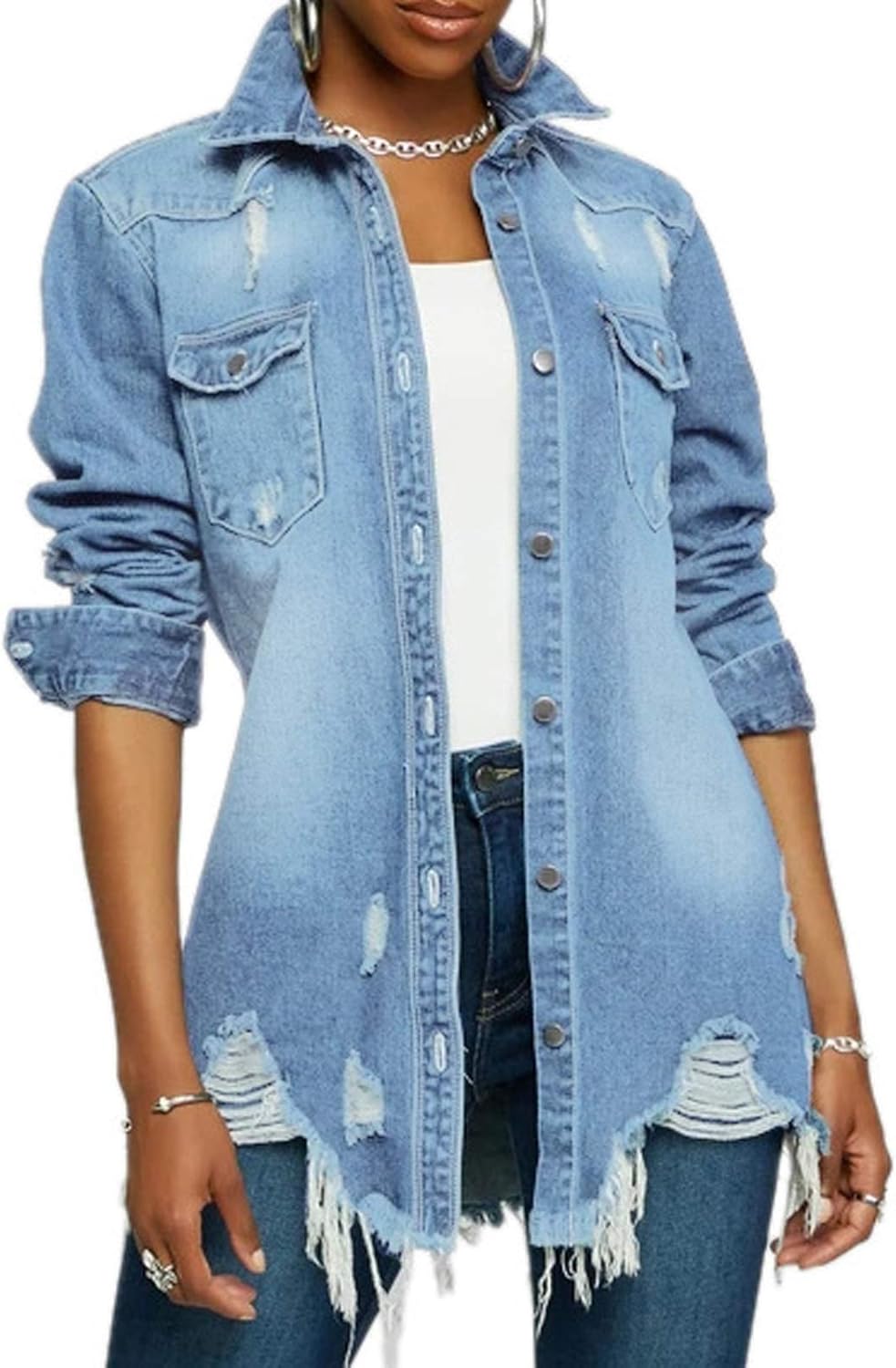 LaiyiVic Denim Jacket for Women Long Sleeve Classic Distressed Trucker Jean Jackets