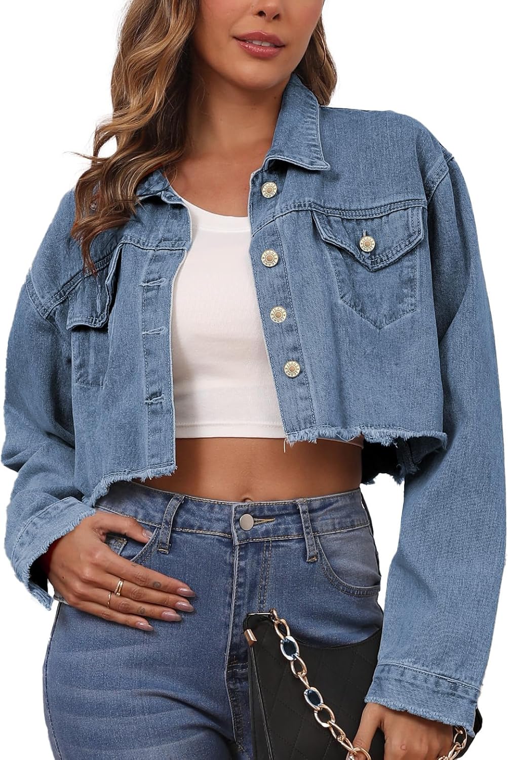 LaiyiVic Denim Jacket for Women Long Sleeve Classic Distressed Trucker Jean Jackets