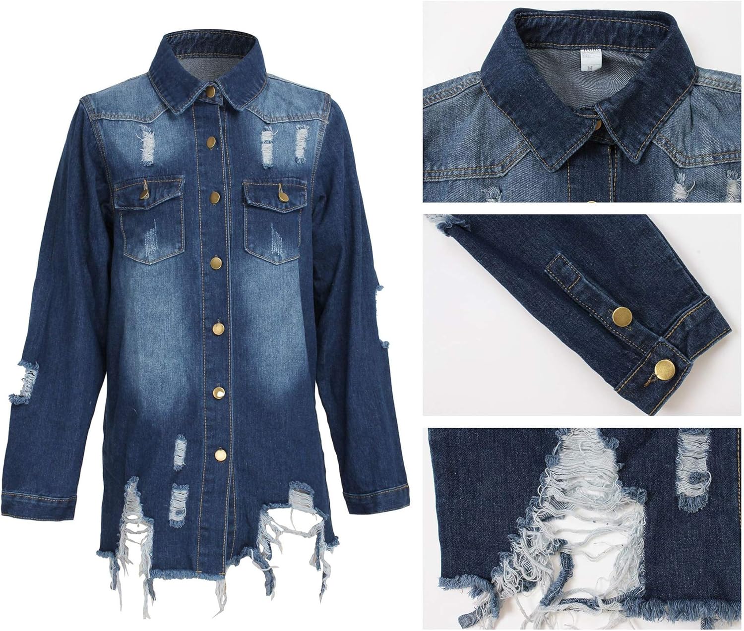 LaiyiVic Denim Jacket for Women Long Sleeve Classic Distressed Trucker Jean Jackets