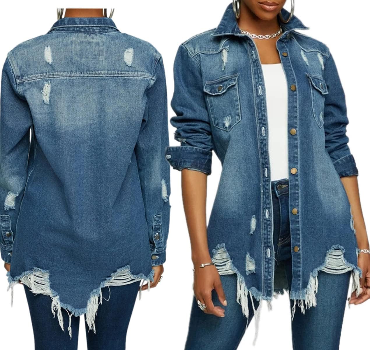 LaiyiVic Denim Jacket for Women Long Sleeve Classic Distressed Trucker Jean Jackets