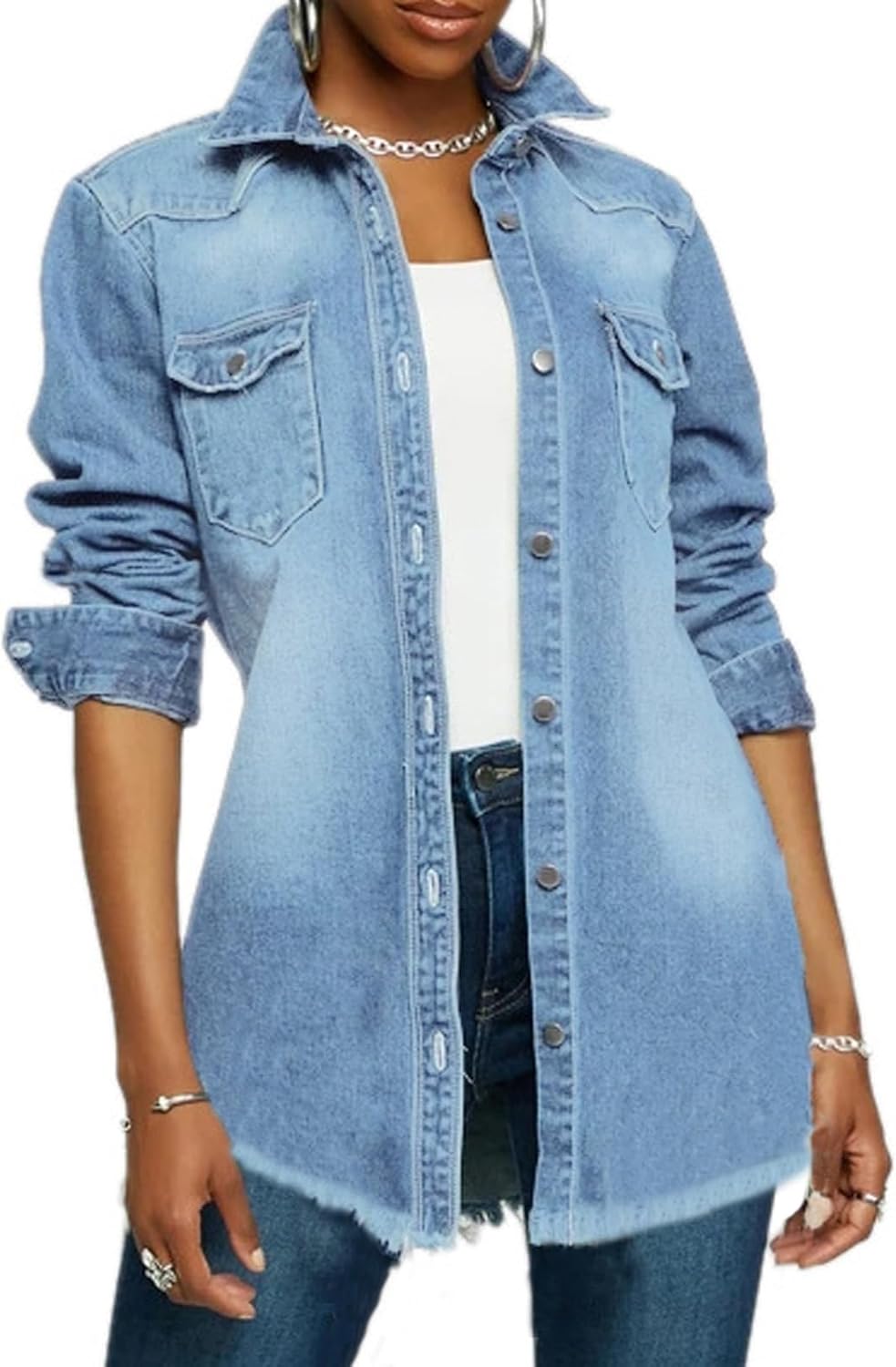 LaiyiVic Denim Jacket for Women Long Sleeve Classic Distressed Trucker Jean Jackets