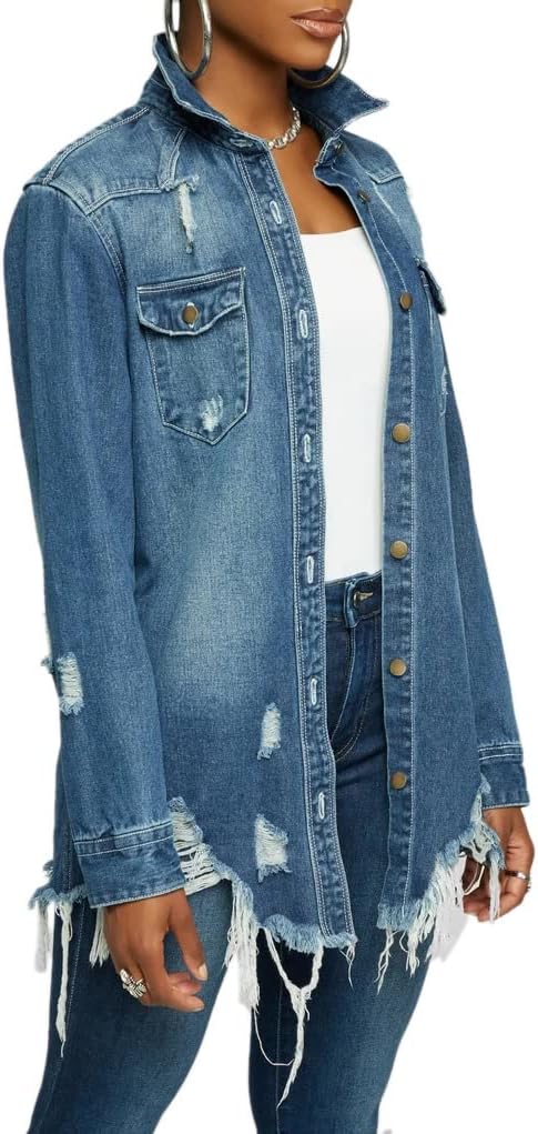 LaiyiVic Denim Jacket for Women Long Sleeve Classic Distressed Trucker Jean Jackets