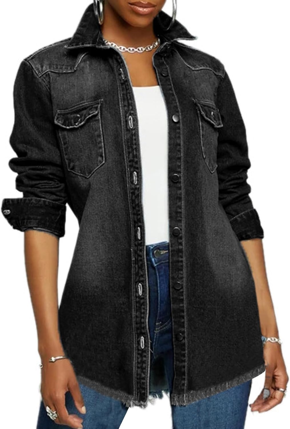 LaiyiVic Denim Jacket for Women Long Sleeve Classic Distressed Trucker Jean Jackets