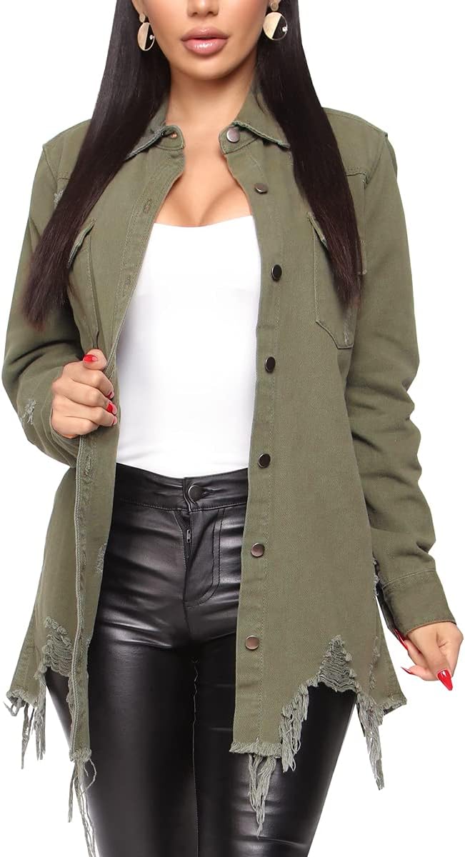 LaiyiVic Denim Jacket for Women Long Sleeve Classic Distressed Trucker Jean Jackets