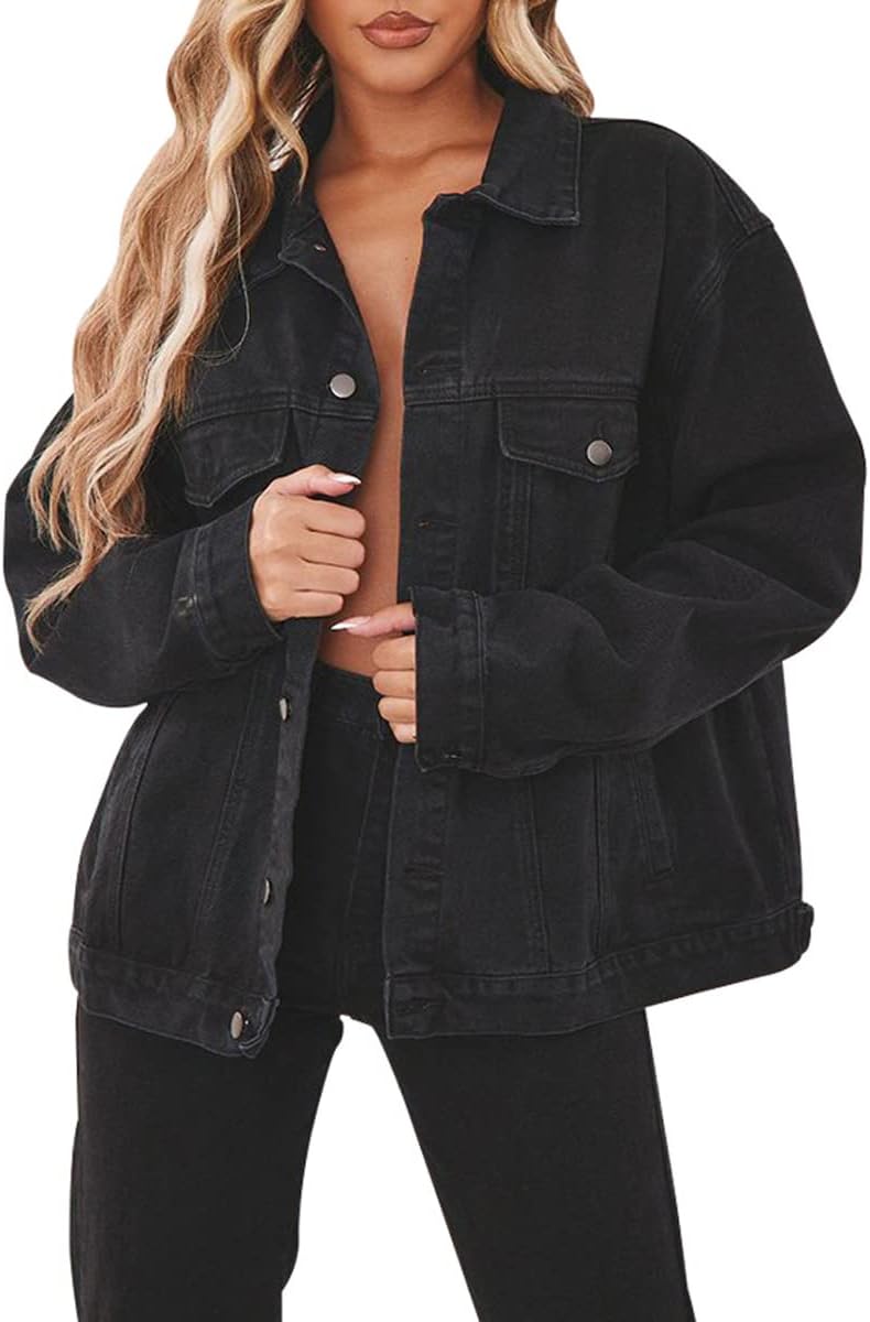 LaiyiVic Denim Jacket for Women Long Sleeve Classic Distressed Trucker Jean Jackets