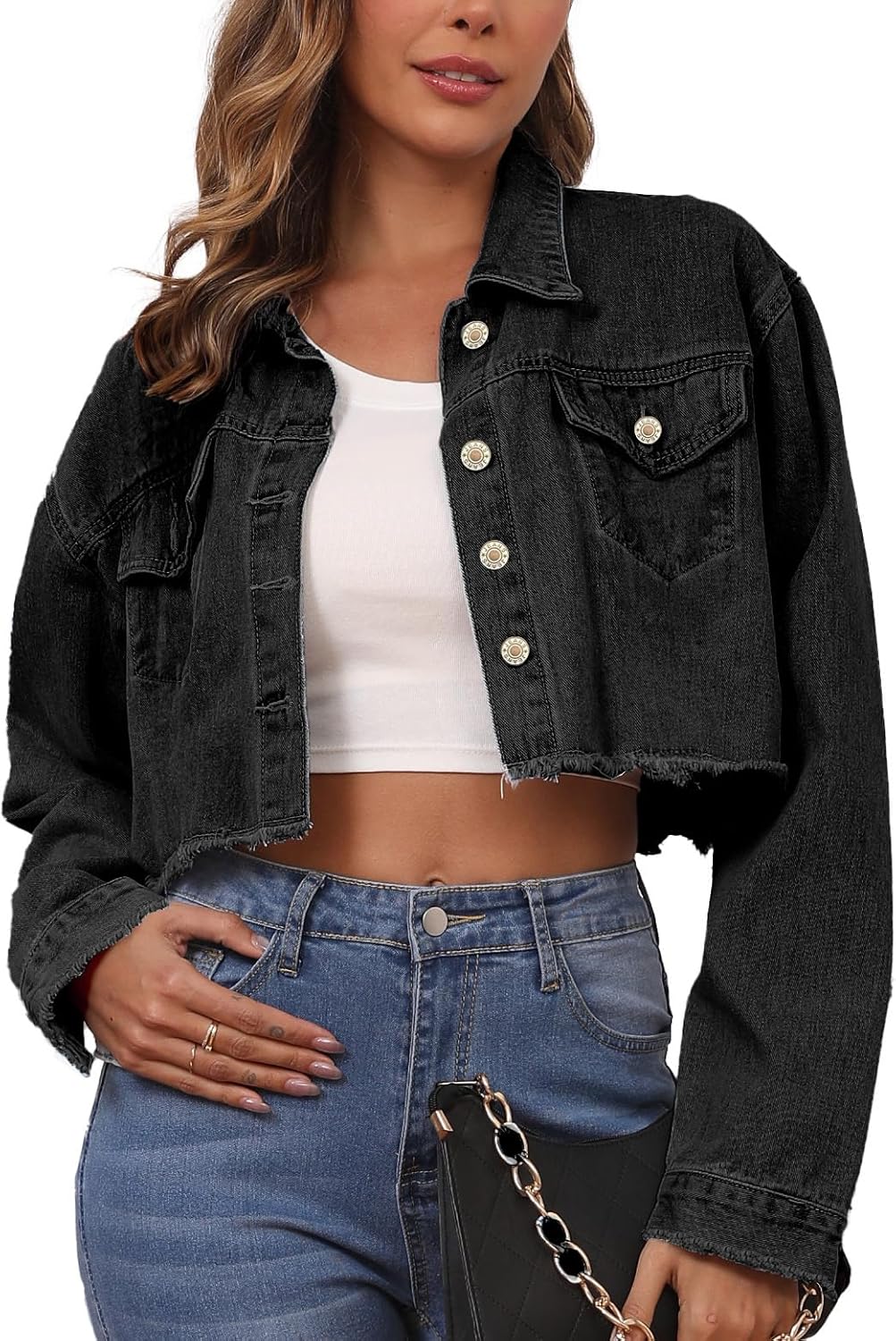 LaiyiVic Denim Jacket for Women Long Sleeve Classic Distressed Trucker Jean Jackets