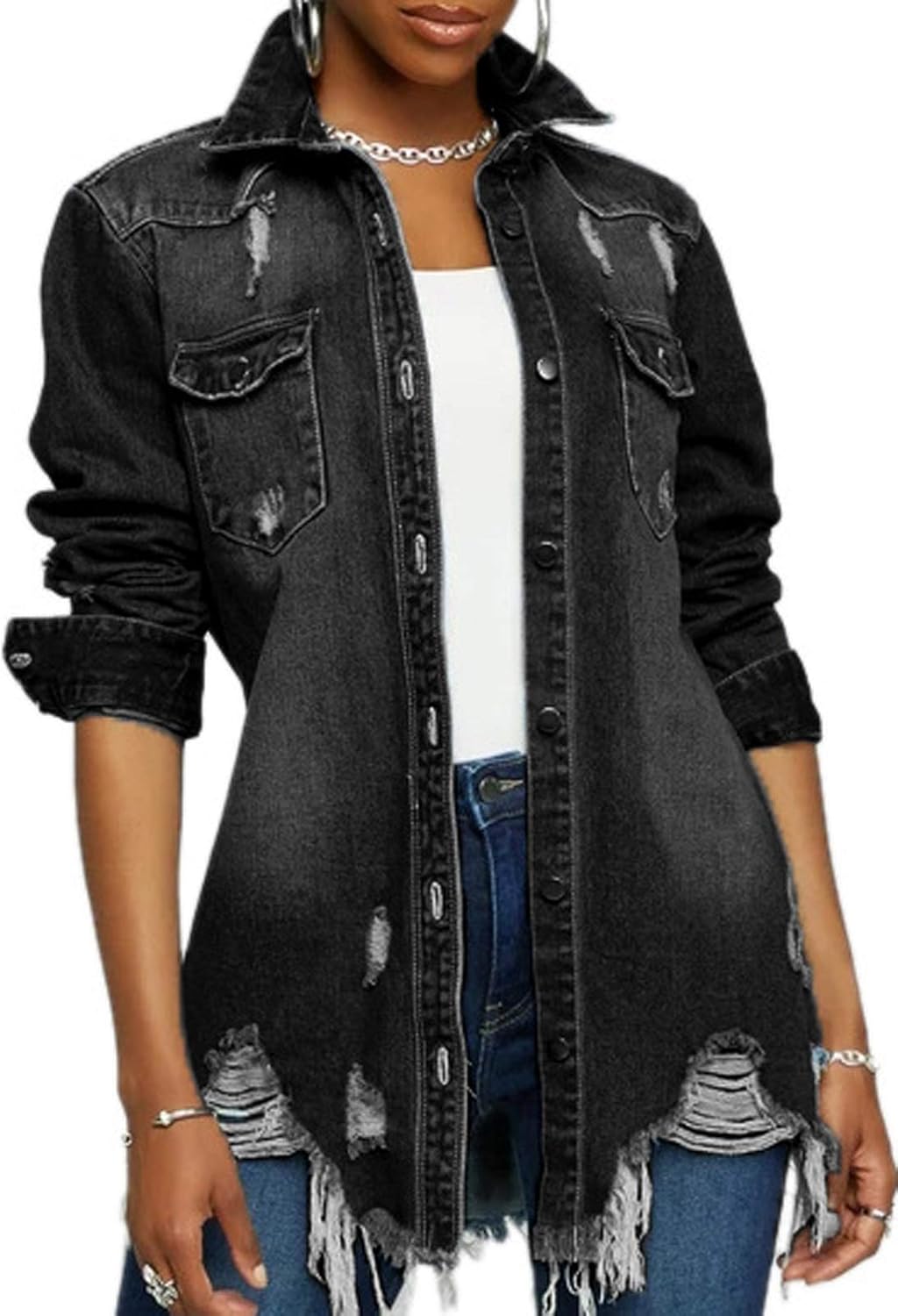 LaiyiVic Denim Jacket for Women Long Sleeve Classic Distressed Trucker Jean Jackets