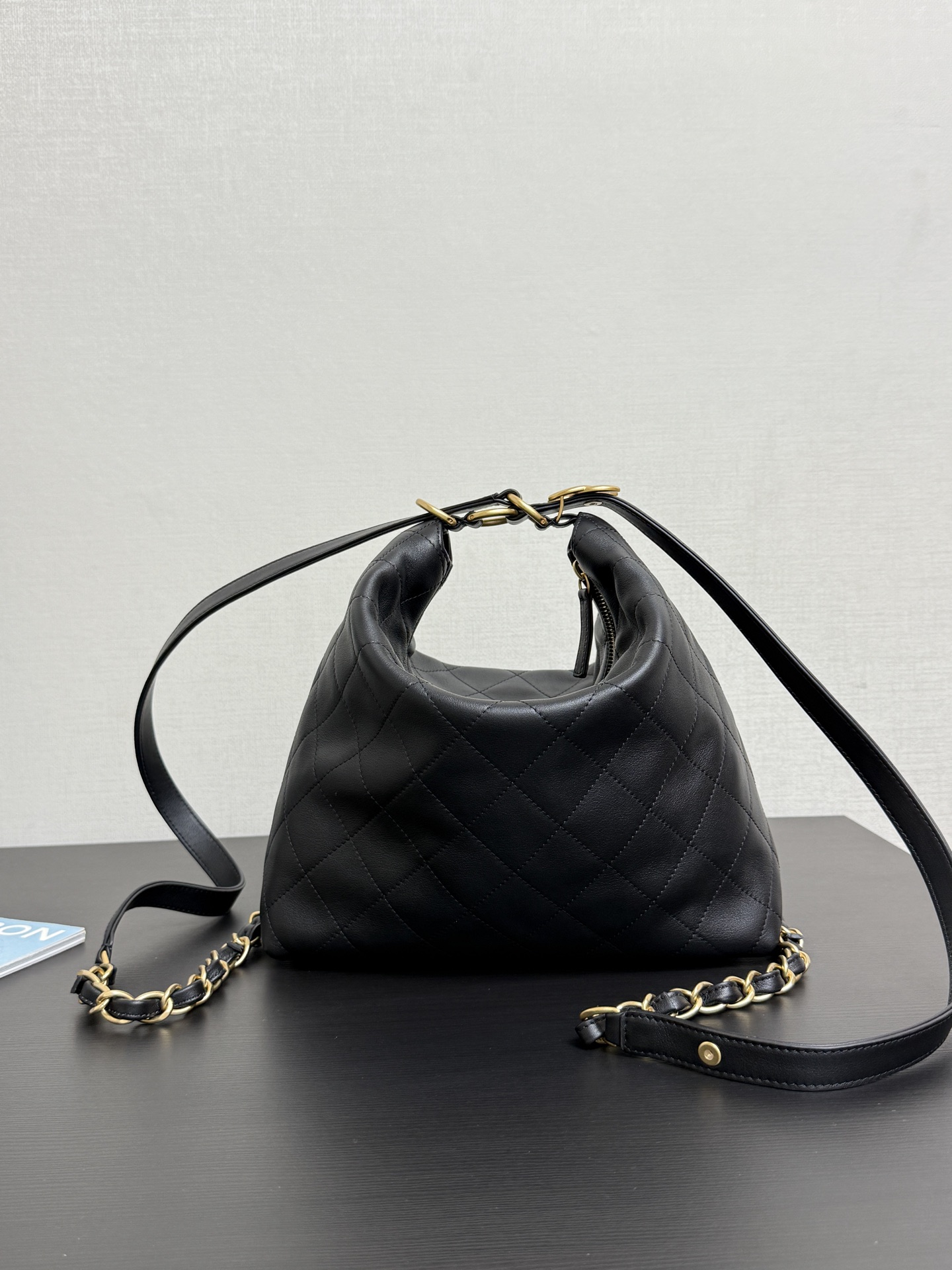 Large backpack, Calfskin & gold-tone metal, black