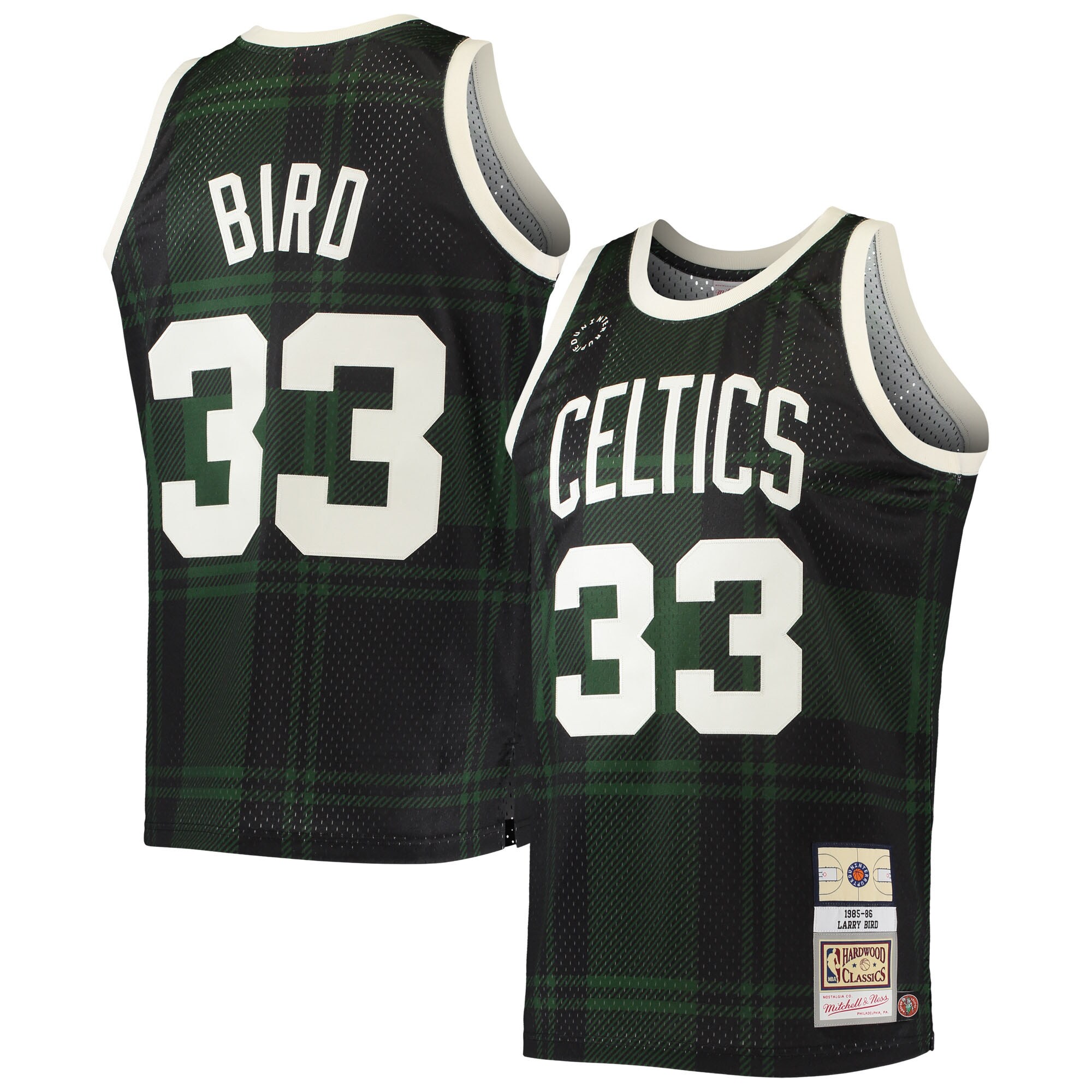 Mitchell & Ness Larry Bird Celtics 1985-86 Black Plaid Jersey - Amazing #33