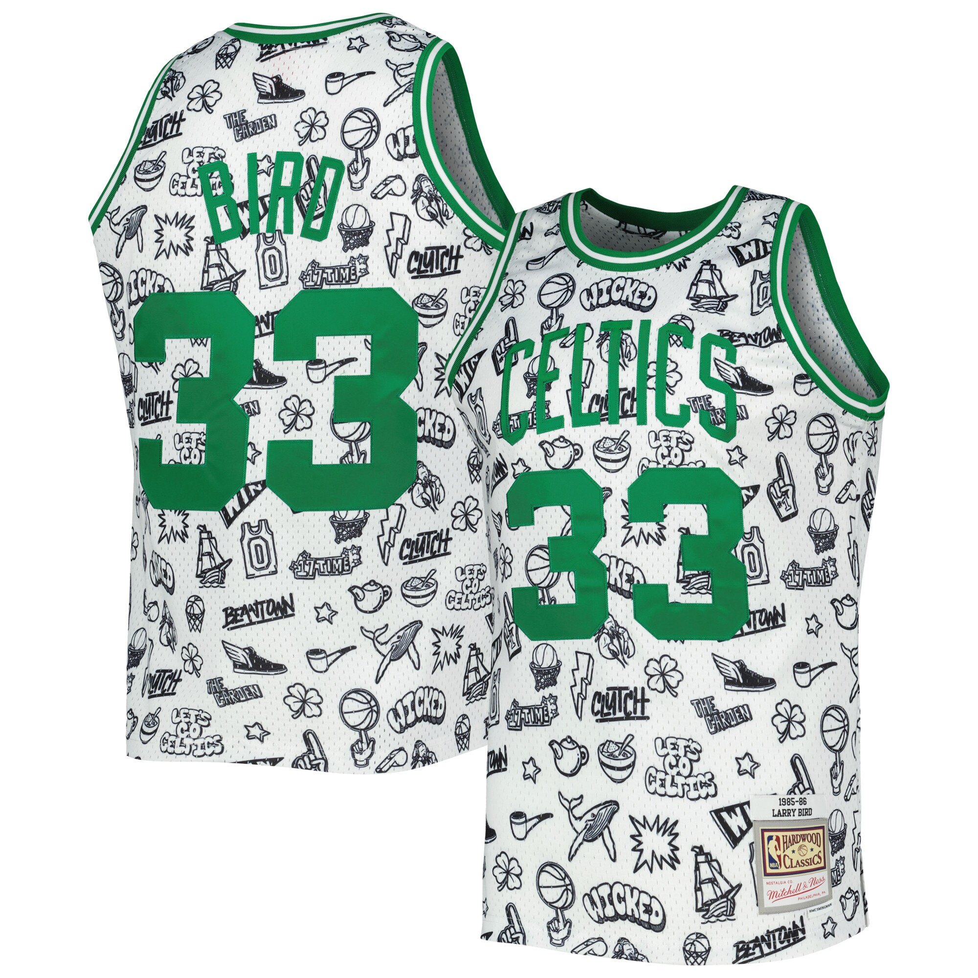 Mitchell & Ness Larry Bird Doodle Jersey - Ultimate 1985 Celtics Fan Gear