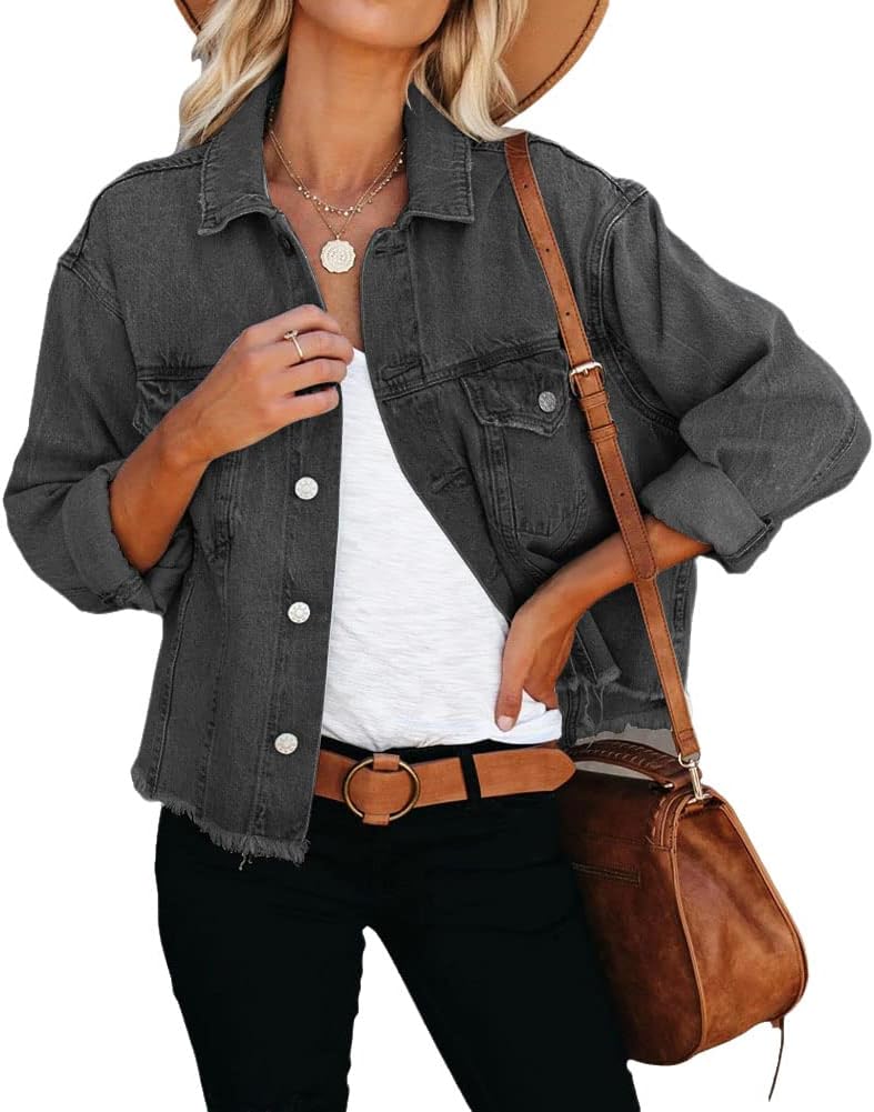 LAVIQK Women’s Jean Denim Jacket Classic Trucker Shacket Button Up Frayed Cropped Loose Coats