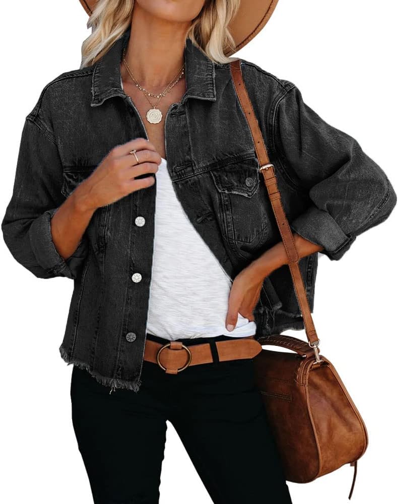 LAVIQK Women’s Jean Denim Jacket Classic Trucker Shacket Button Up Frayed Cropped Loose Coats