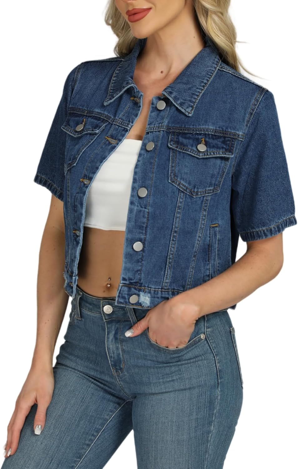 LifeShe Cropped Denim Jacket for Women Short Sleeve Casual Ripped Jean Jackets Distressed Trucker Coats