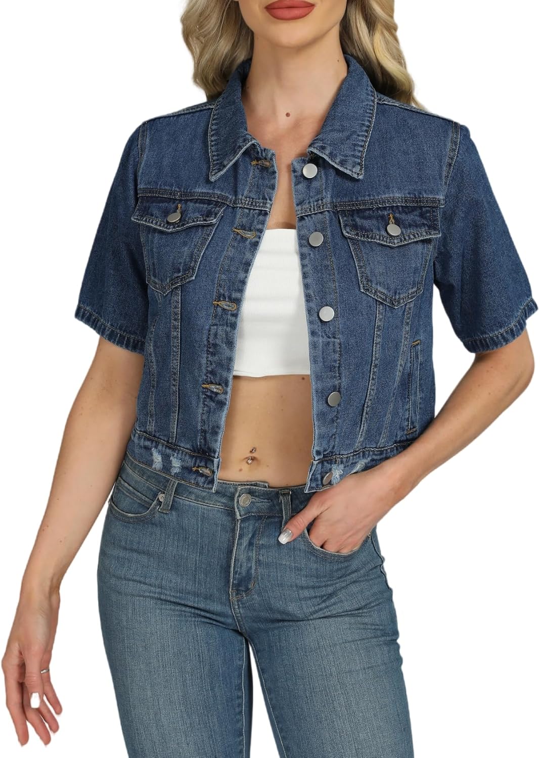 LifeShe Cropped Denim Jacket for Women Short Sleeve Casual Ripped Jean Jackets Distressed Trucker Coats