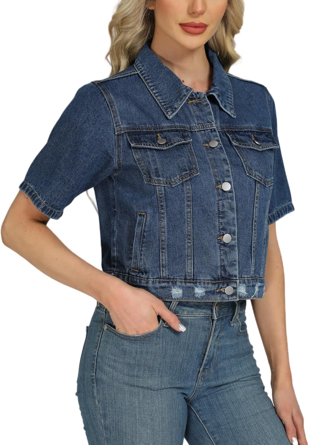 LifeShe Cropped Denim Jacket for Women Short Sleeve Casual Ripped Jean Jackets Distressed Trucker Coats