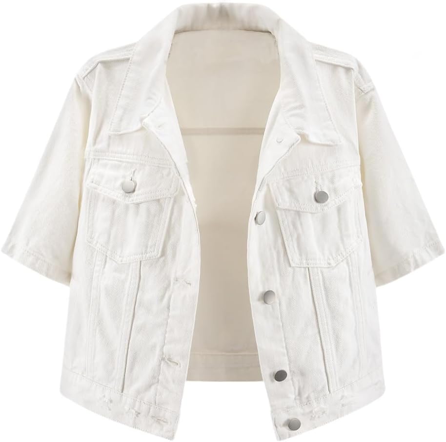 LifeShe Cropped Denim Jacket for Women Short Sleeve Casual Ripped Jean Jackets Distressed Trucker Coats