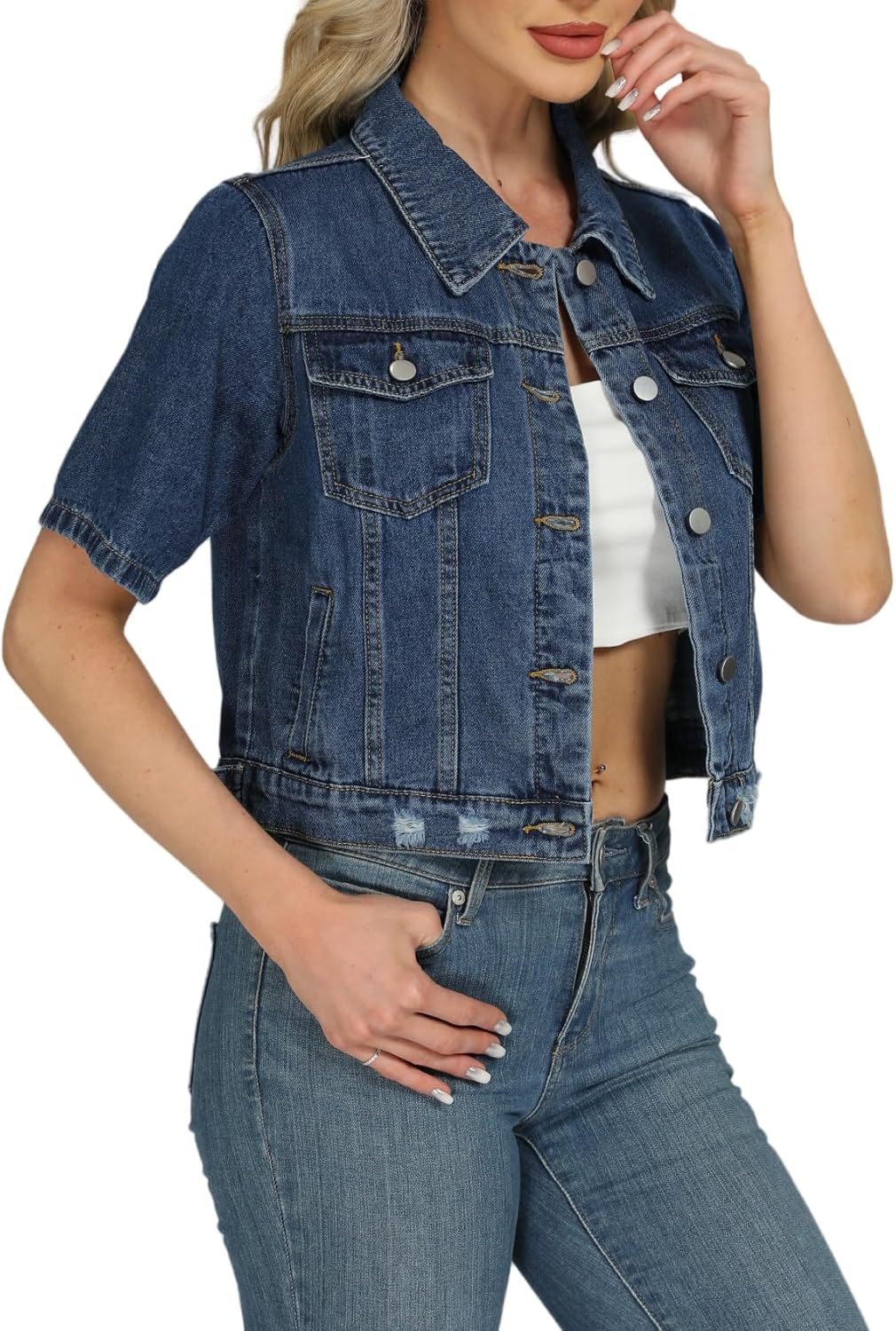 LifeShe Cropped Denim Jacket for Women Short Sleeve Casual Ripped Jean Jackets Distressed Trucker Coats