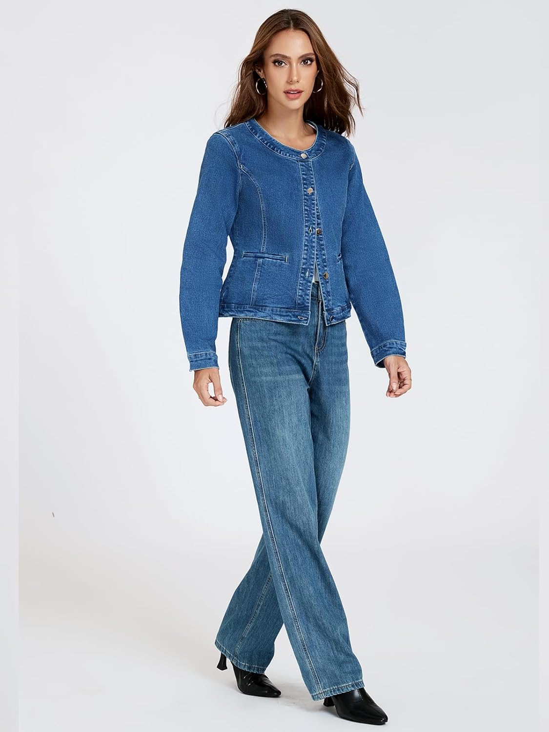 LifeShe Cropped Denim Jacket for Women Stretch Collarless Jean Jackets Slim Fall Crop Shacket Tendy