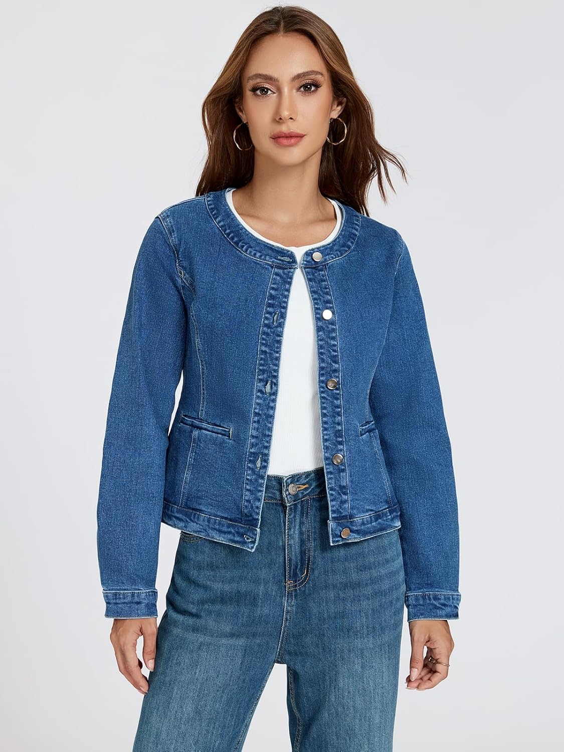 LifeShe Cropped Denim Jacket for Women Stretch Collarless Jean Jackets Slim Fall Crop Shacket Tendy