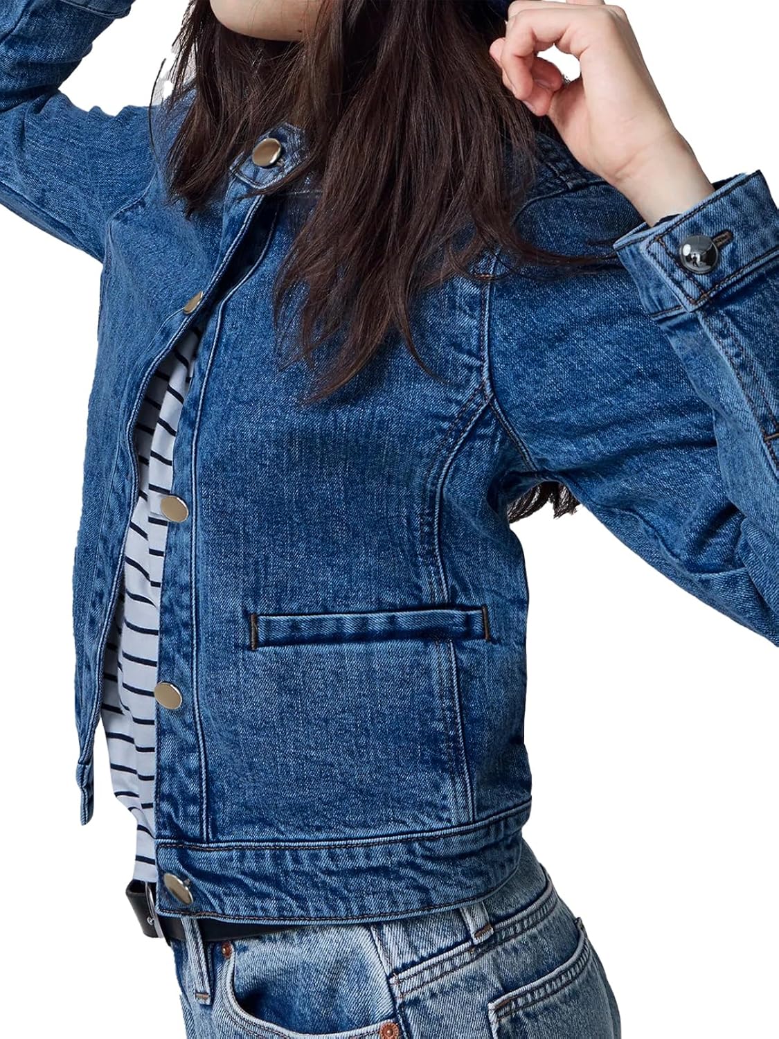 LifeShe Cropped Denim Jacket for Women Stretch Collarless Jean Jackets Slim Fall Crop Shacket Tendy